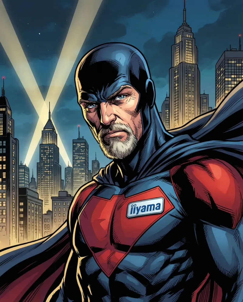 A comic book superhero over a night city, with an iiyama badge on the chest.