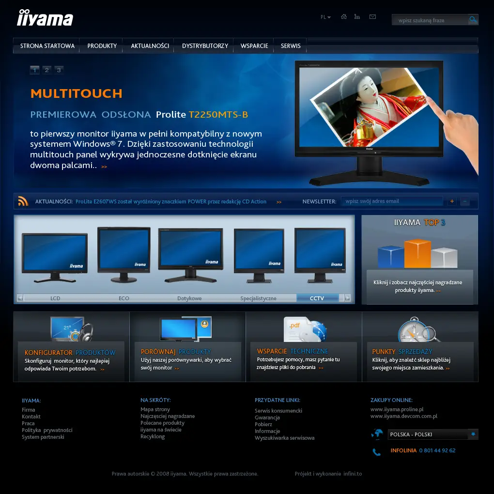 The 2010 iiyama.com design: a dark, glossy home page with a multitouch monitor, a product carousel and four service tiles