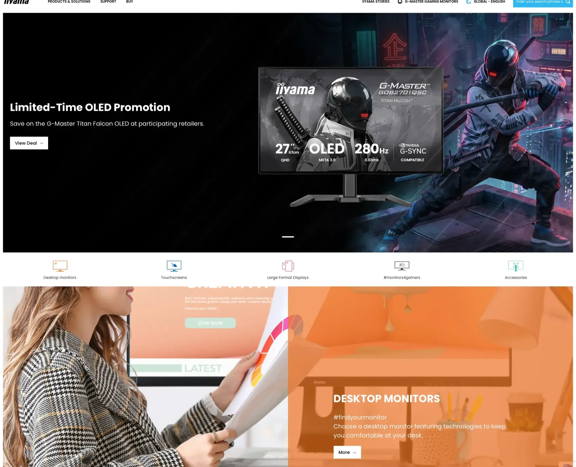 The iiyama.com home page in 2026 with the G-Master Titan Falcon OLED monitor