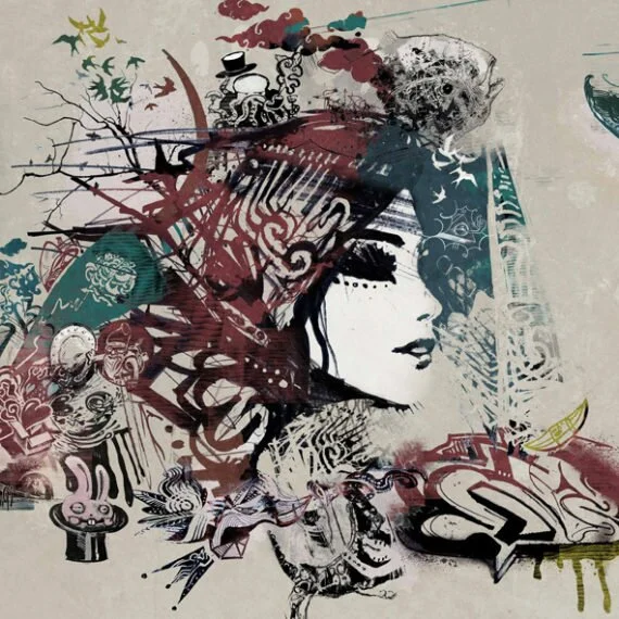 A woman's face in a whirl of ink, branches, birds and graffiti