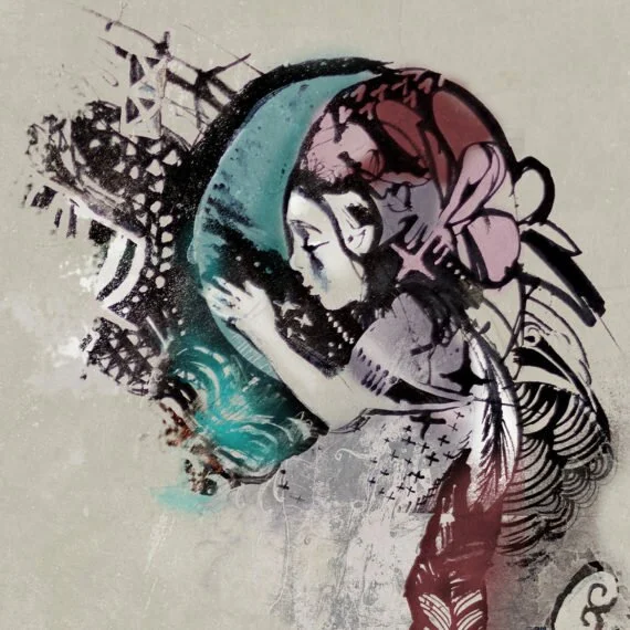 A girl in a pink headscarf hugging a turquoise crescent moon