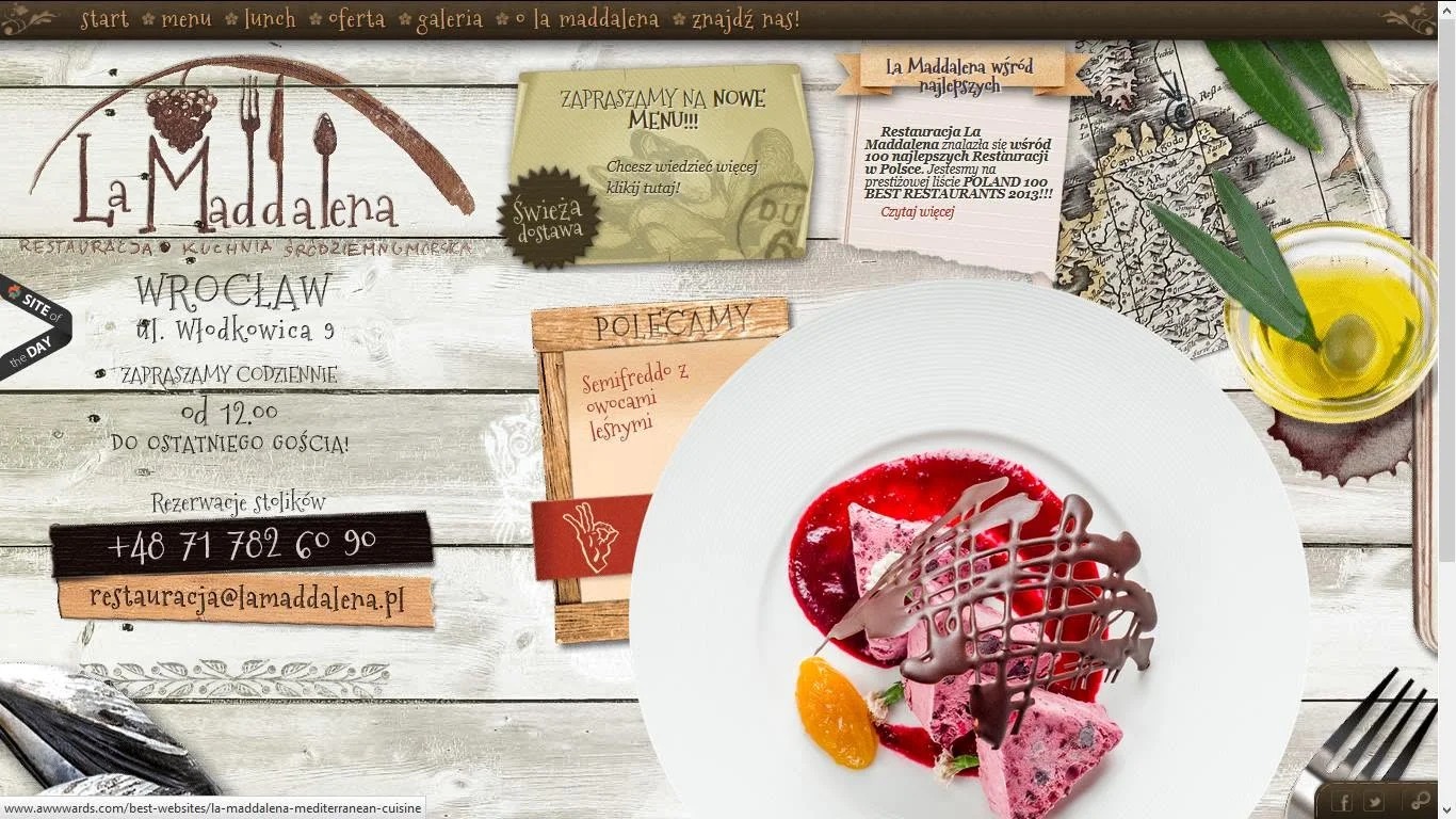 The La Maddalena home page: a wooden table with a dessert plate, olive oil, herbs, an old map and pinned notes